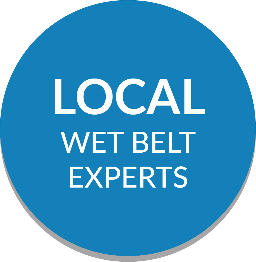 A blue circle with the words local wet belt experts on it