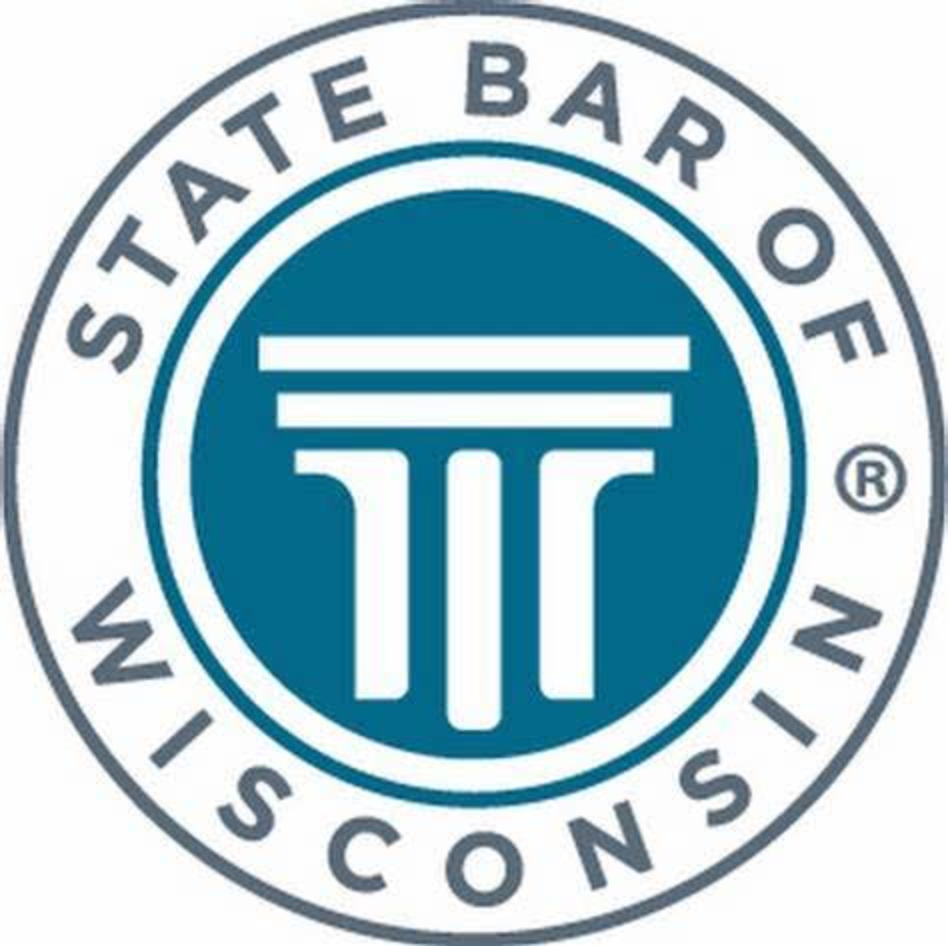 A blue and white state bar of wisconsin logo