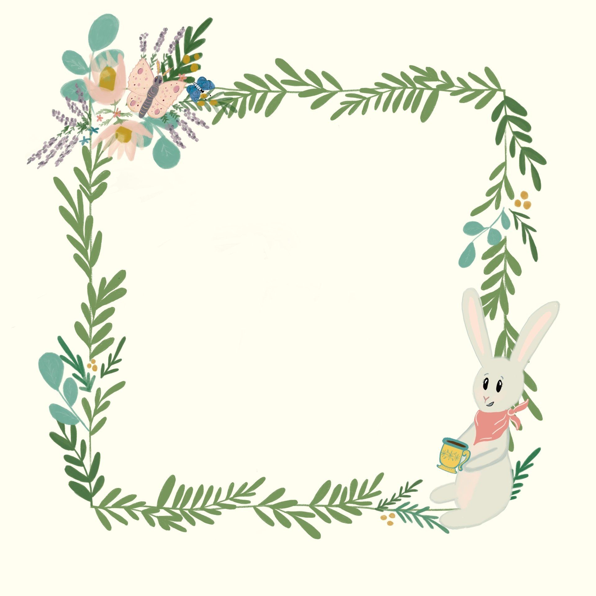 Back cover of a custom illustrated children’s book featuring a cute bunny drinking tea and butterflies
