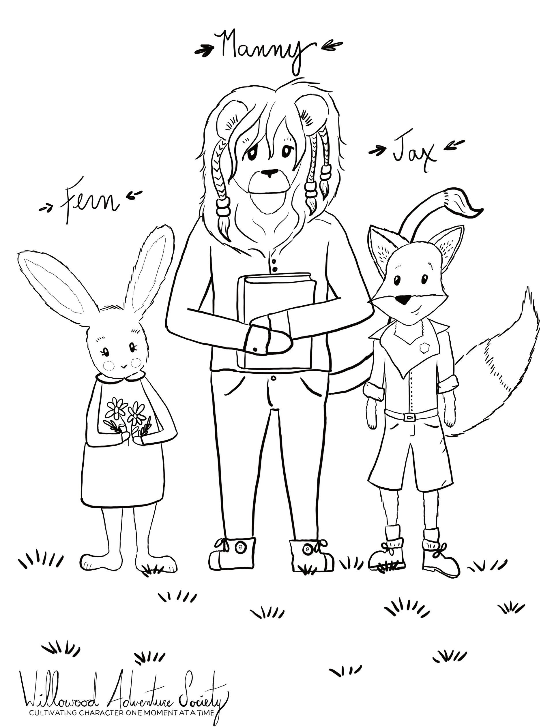 Lion, Bunny, Fox Rainy Day Coloring Page