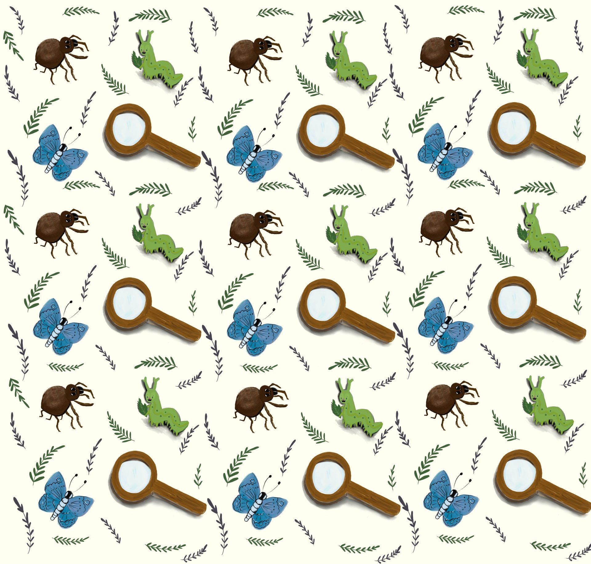 Insects and spiders and a magnifying glass repeat pattern Willowood Adventure Society