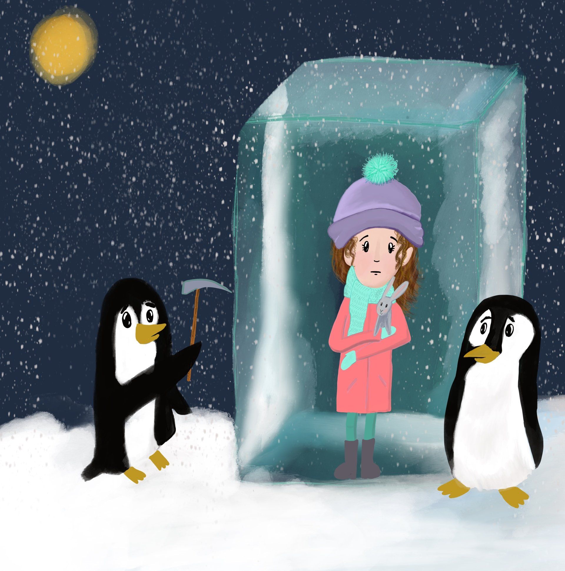 Illustration from a children’s book about a little girl. Image includes a cute girl , Snow and penguins