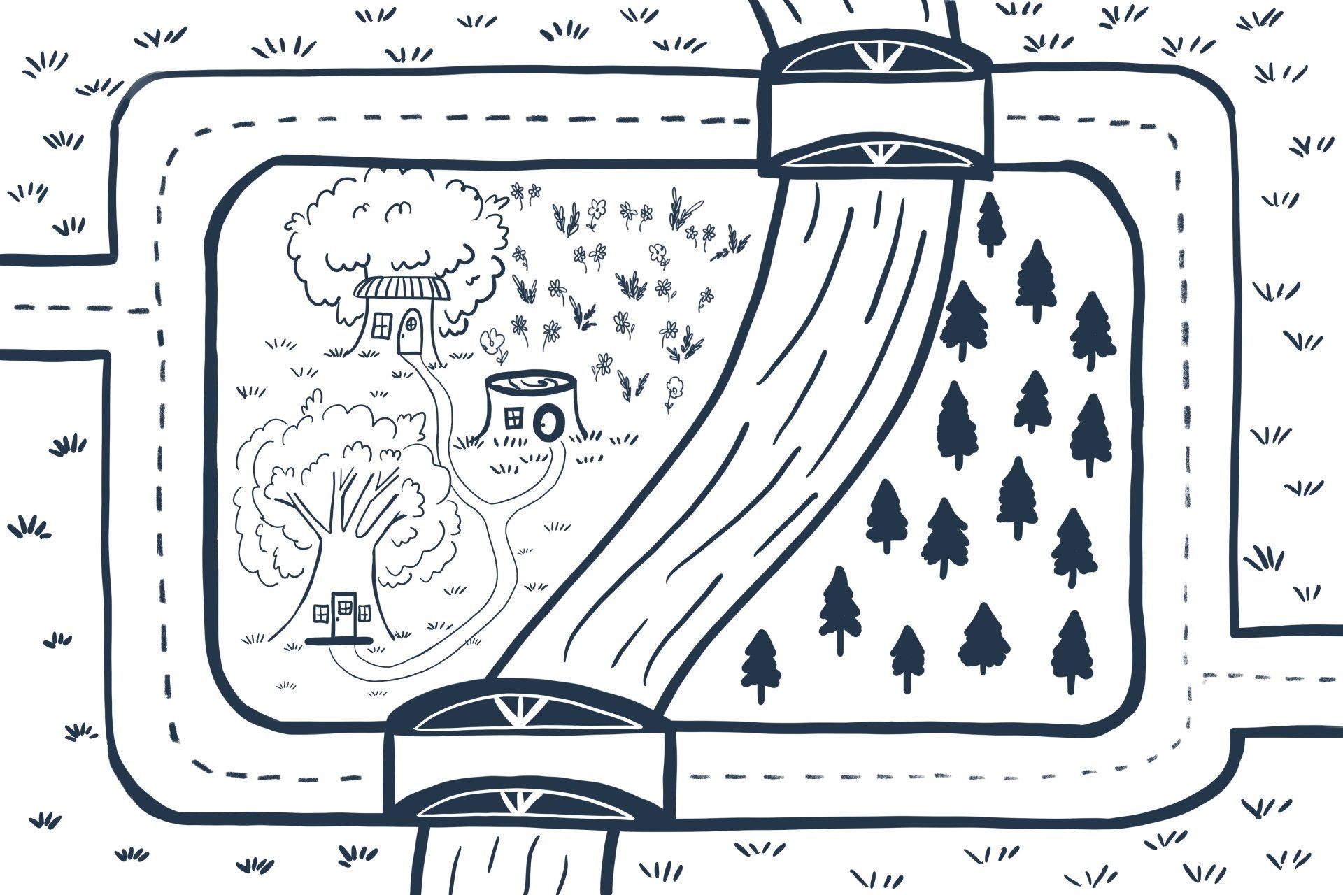 Playmat placemat Coloring Page design modern minimal road and town monochrome