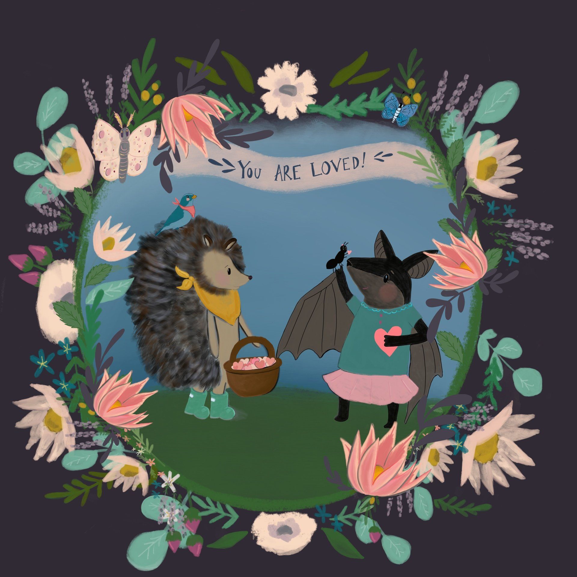 Unlikely friendship between a Hedgehog and bat surrounded by beautiful flowers