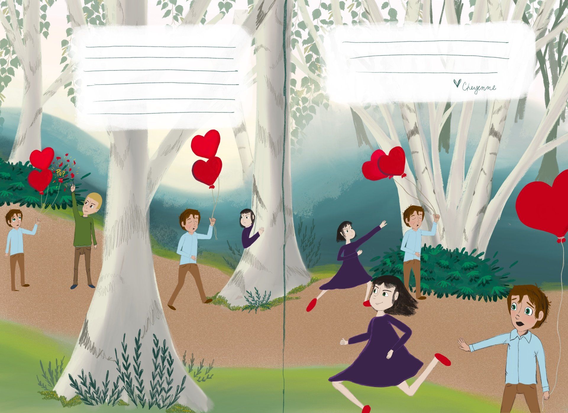 Children in forest sequence of events illustrations