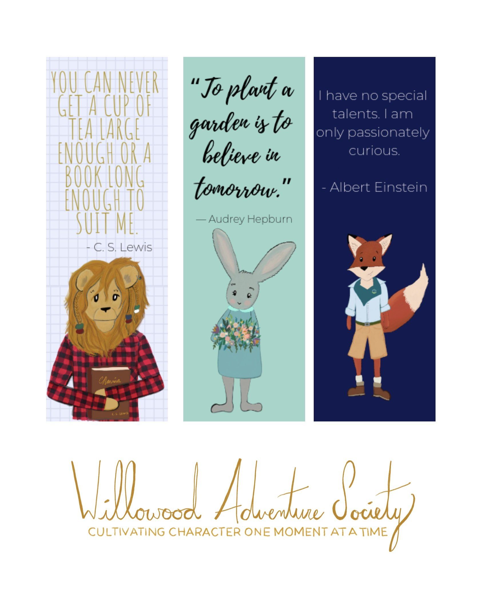 Lion, Bunny, Fox Free printable bookmarks for kids with quotes Einstein C.S. Lewis and Audrey Hepburn