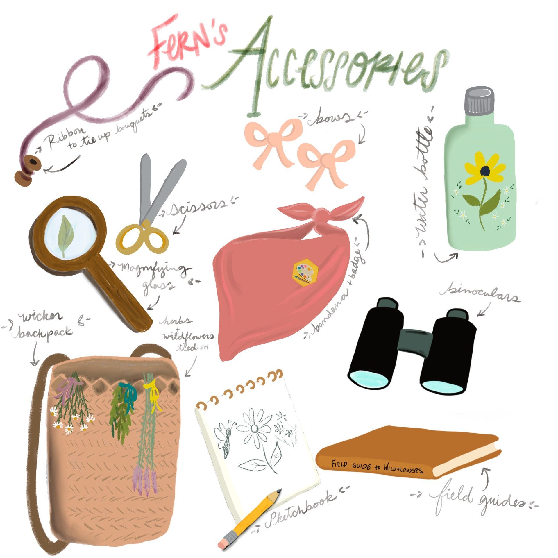 Foraging accessories illustration for little girls