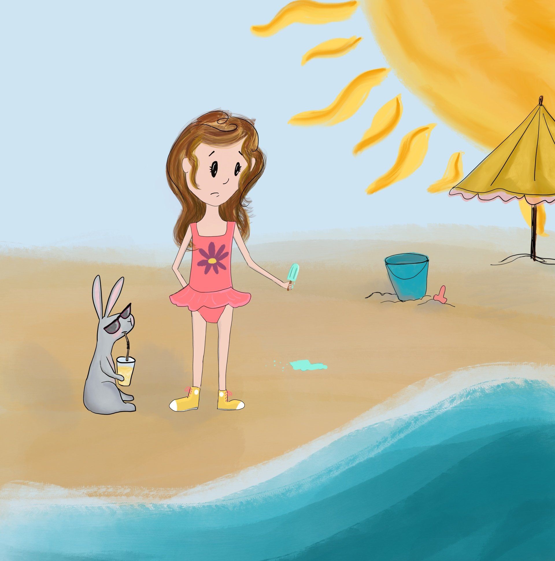 Little girl and her bunny at the beach on a very sunny day, custom illustration work