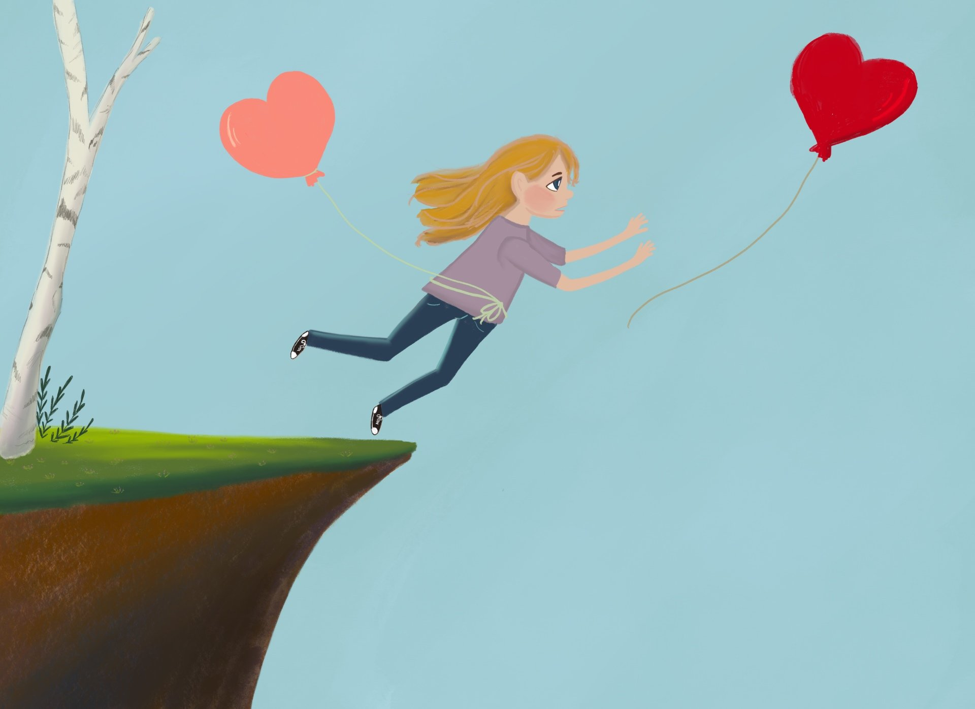Girl chasing heart balloon, leap of faith