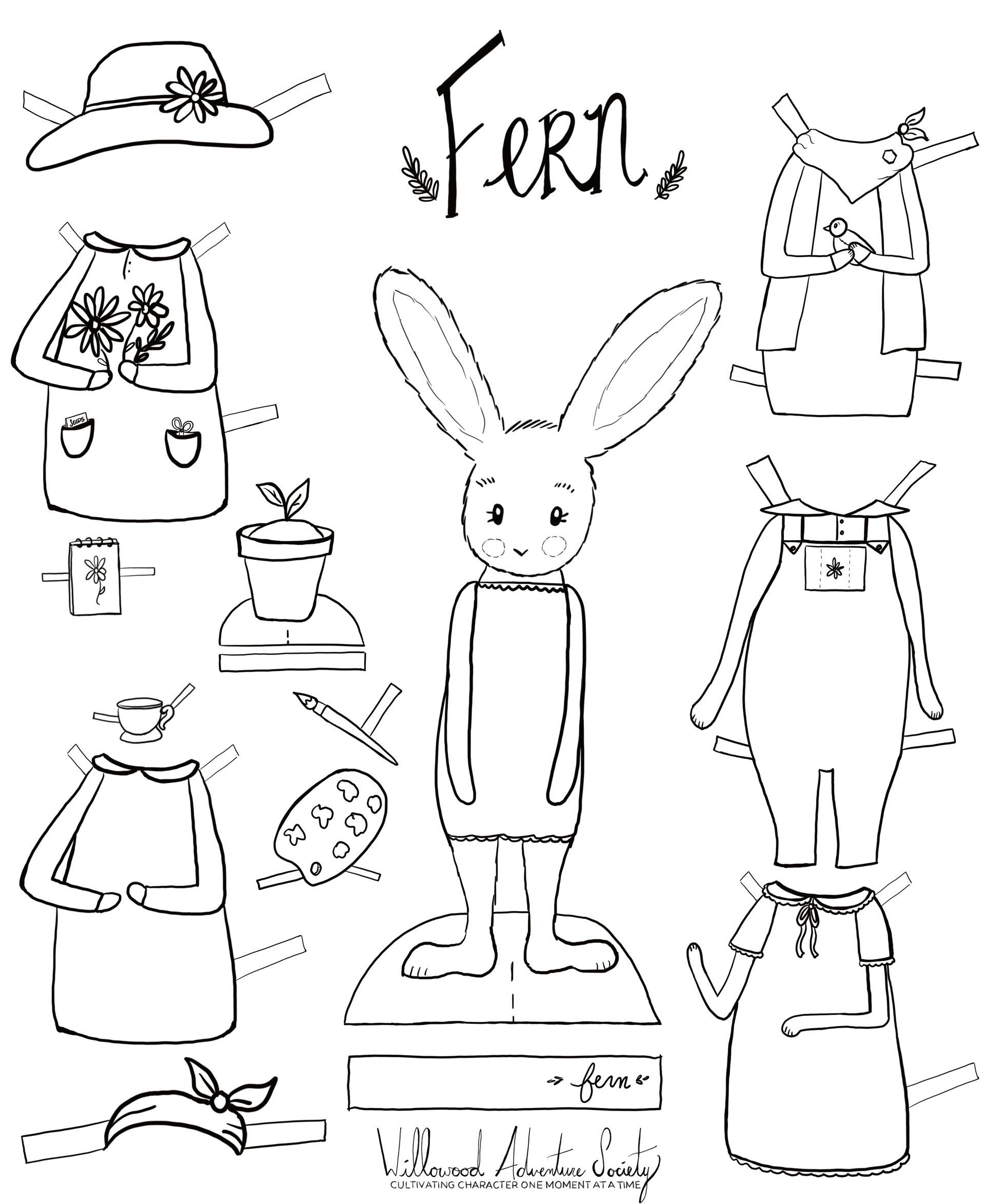Cute girl bunny free printable paper doll coloring page