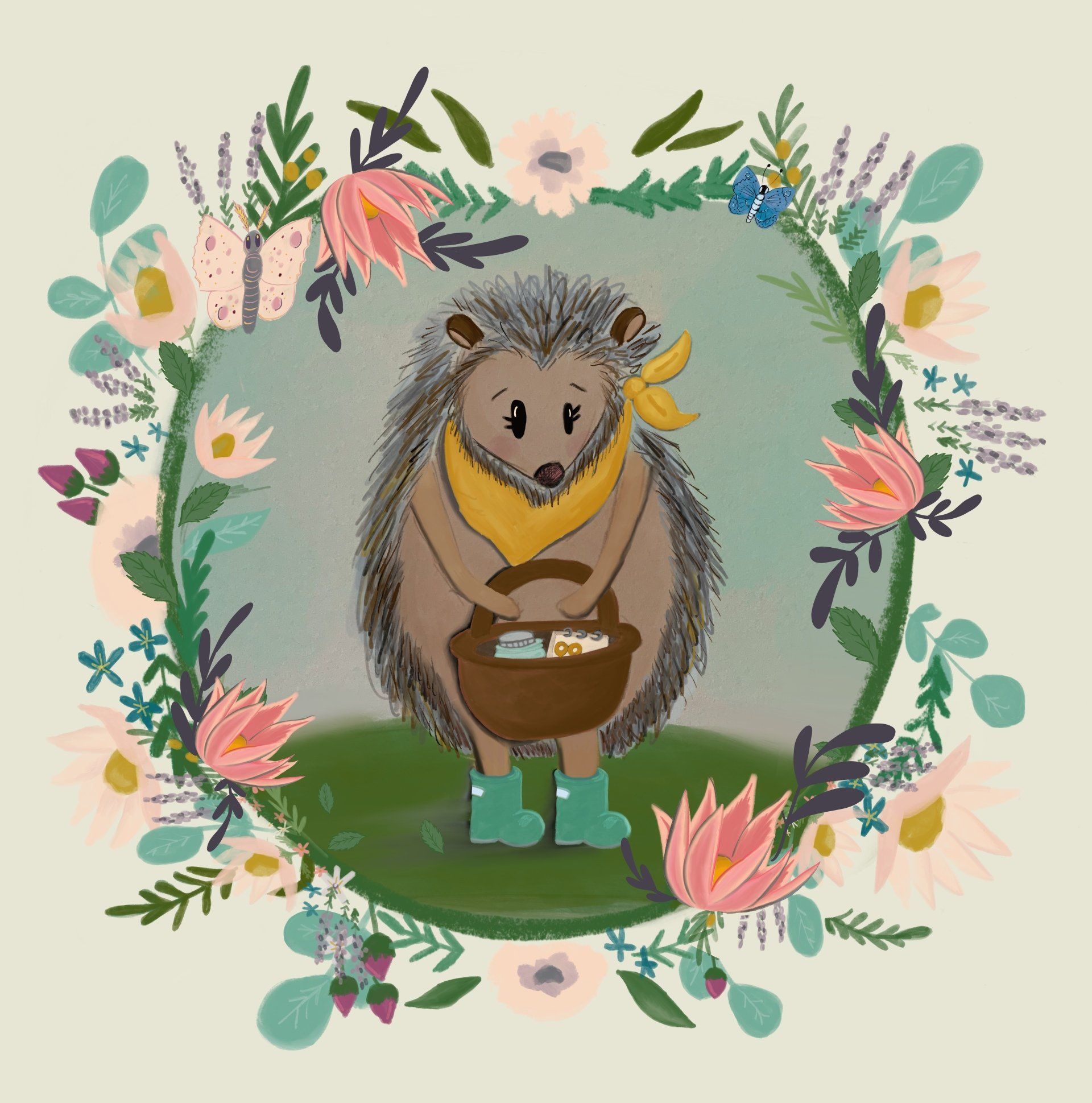 Cute Hedgehog children’s illustration surrounded by flowers