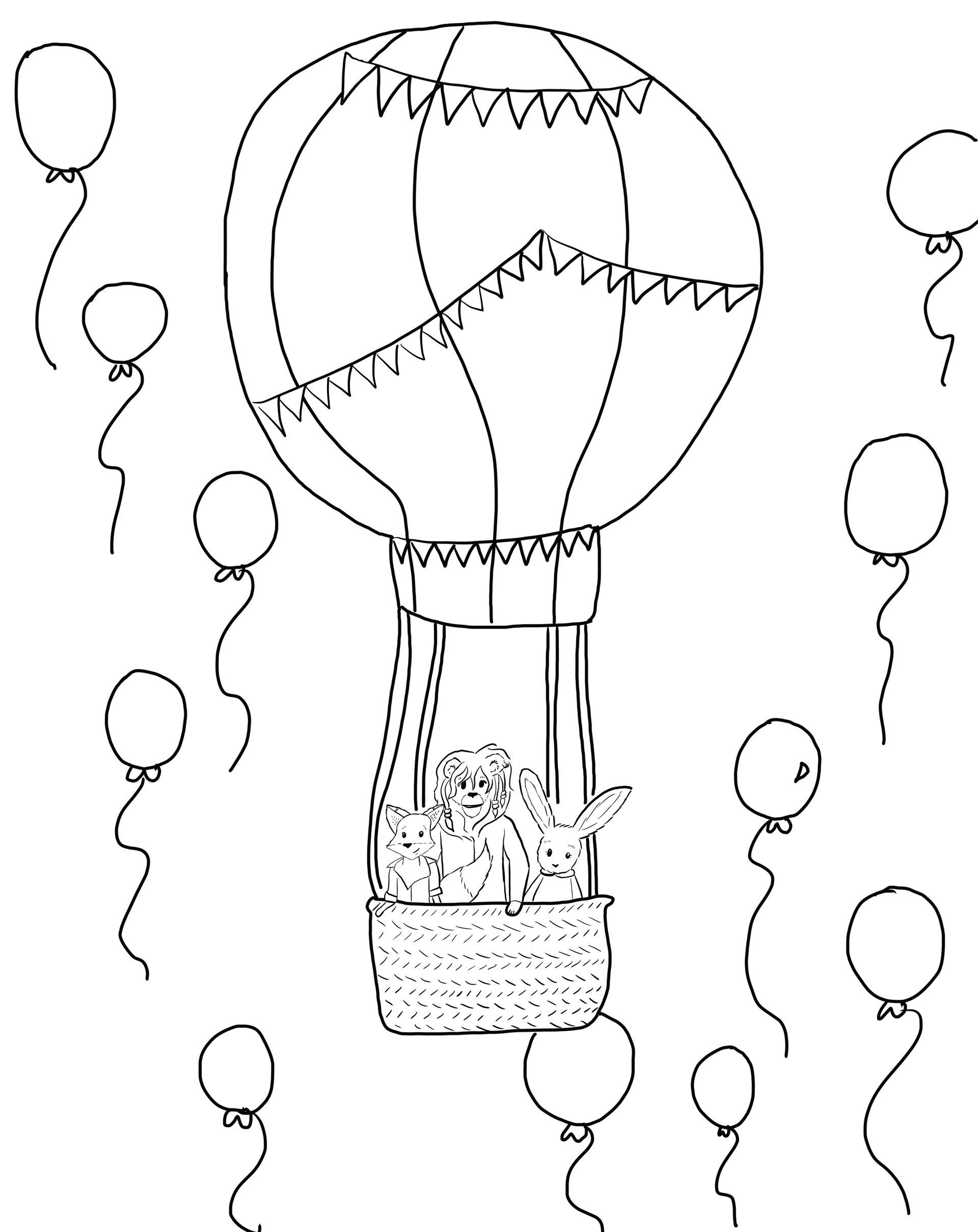 Lion fox and bunny in a hot air balloon