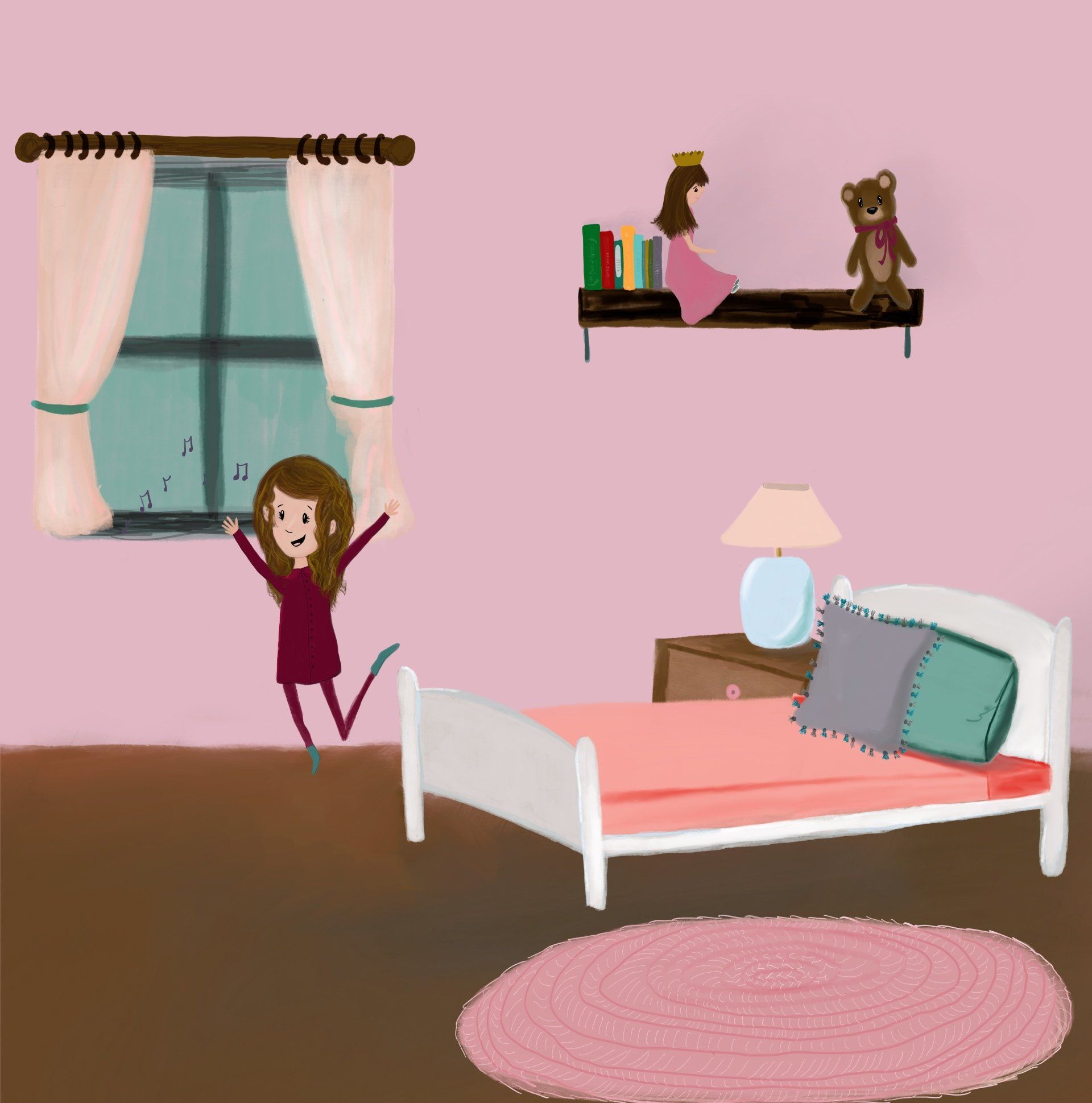 A little girl singing good morning in a cute boho vintage bedroom, custom children’s book illustration