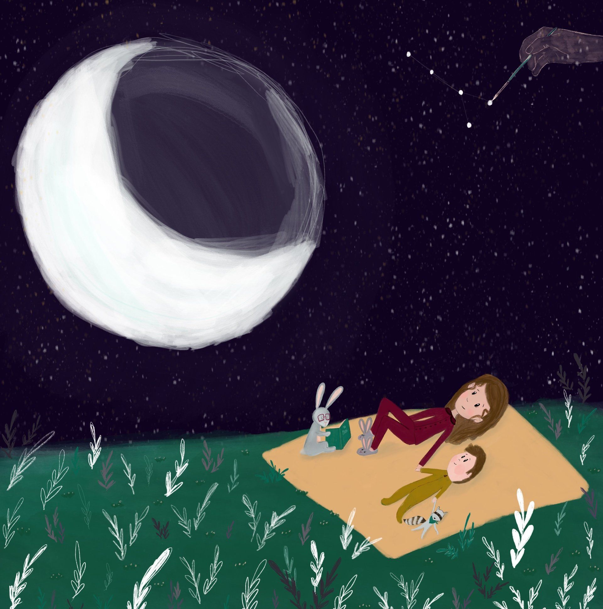 A little girl and her baby brother with their stuffed animals looking at the moon custom picture book illustration