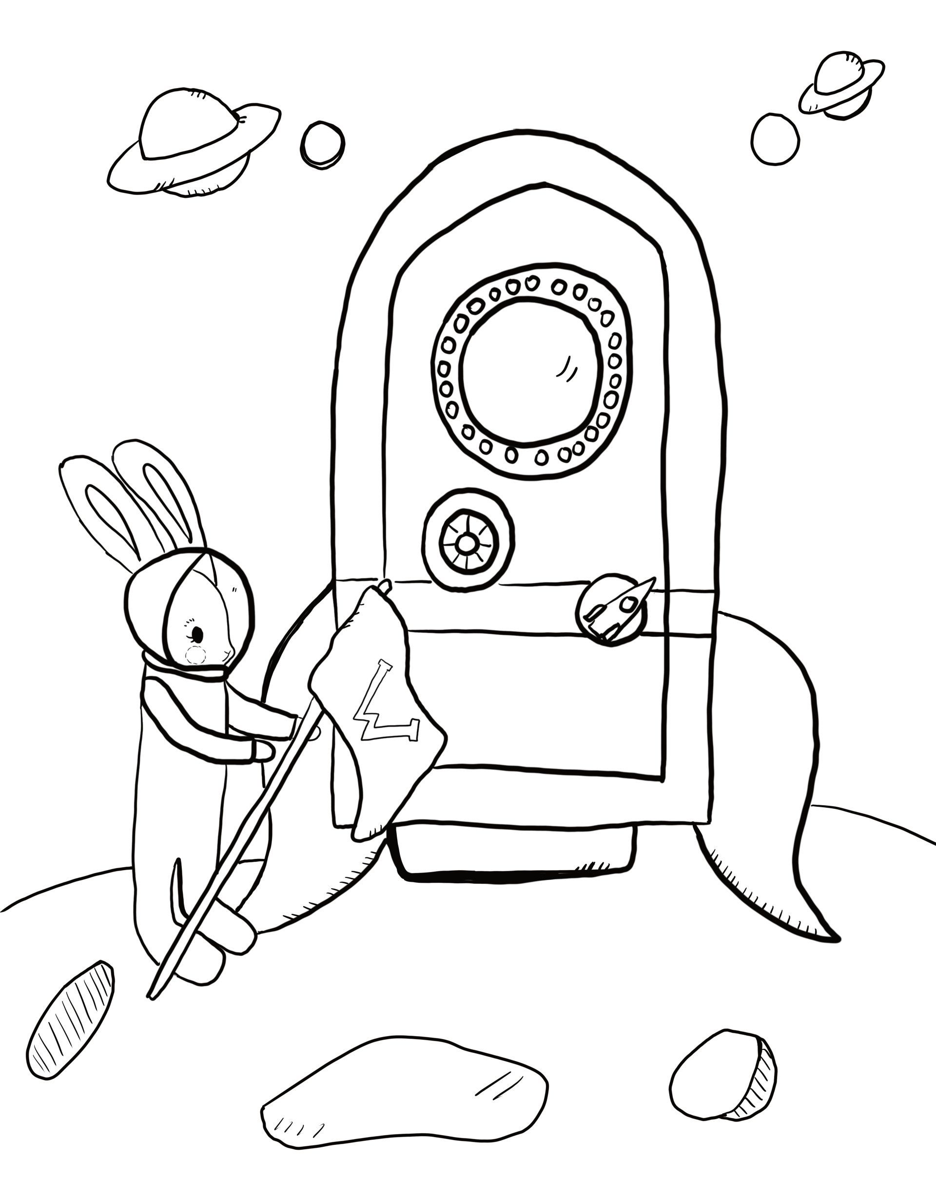 Astronaut Bunny and space ship coloring page for kids