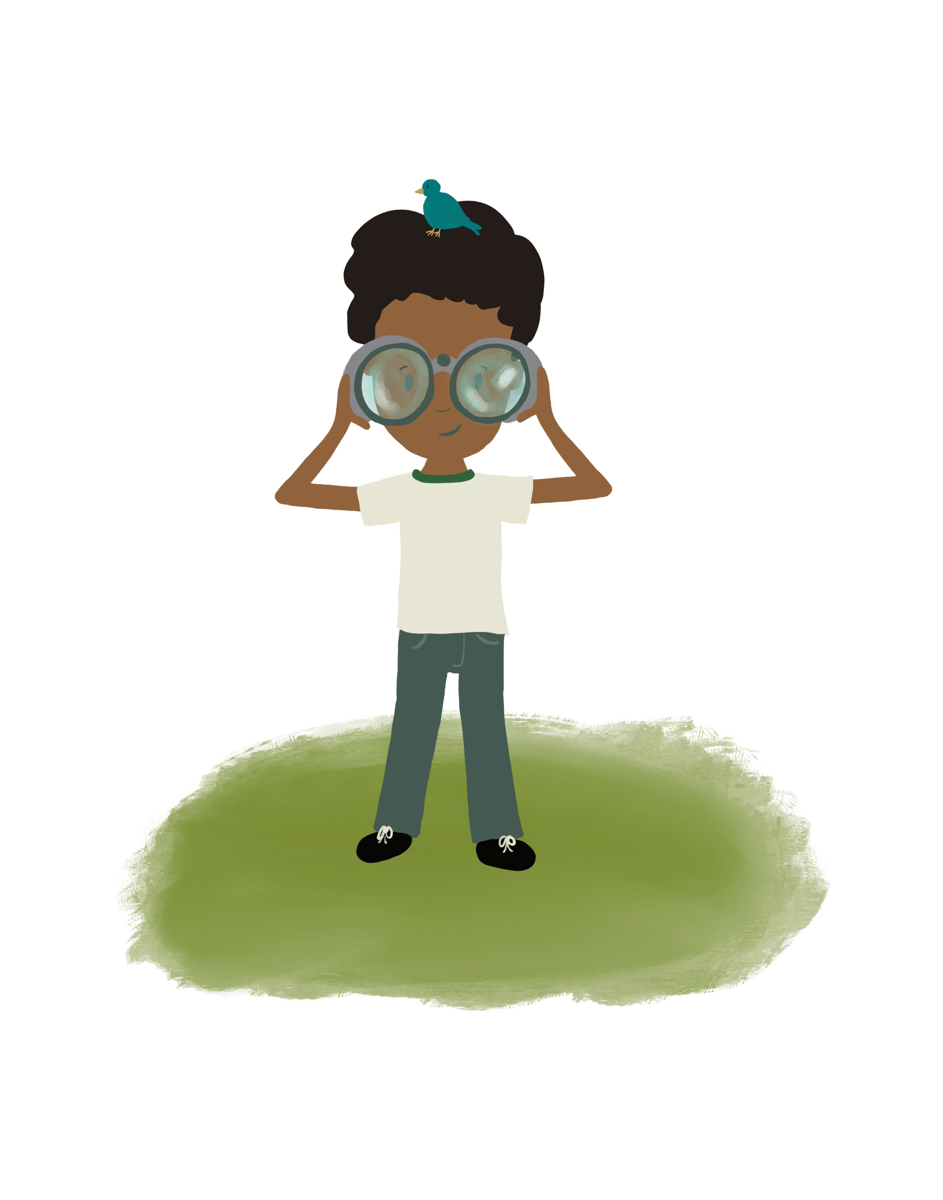 Little ornithologist, African American boy in nature, with binoculars