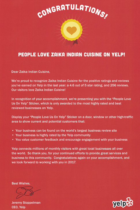 Zaika yelp certificate