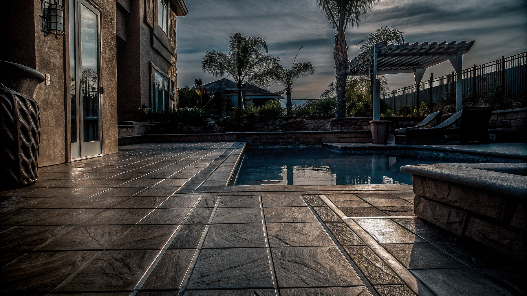 Backyard patio with pool, palm trees, and pergola at dusk.