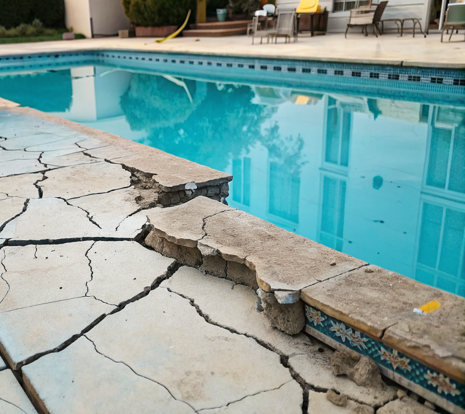 Cracked pool deck next to a swimming pool with turquoise water reflecting the house.