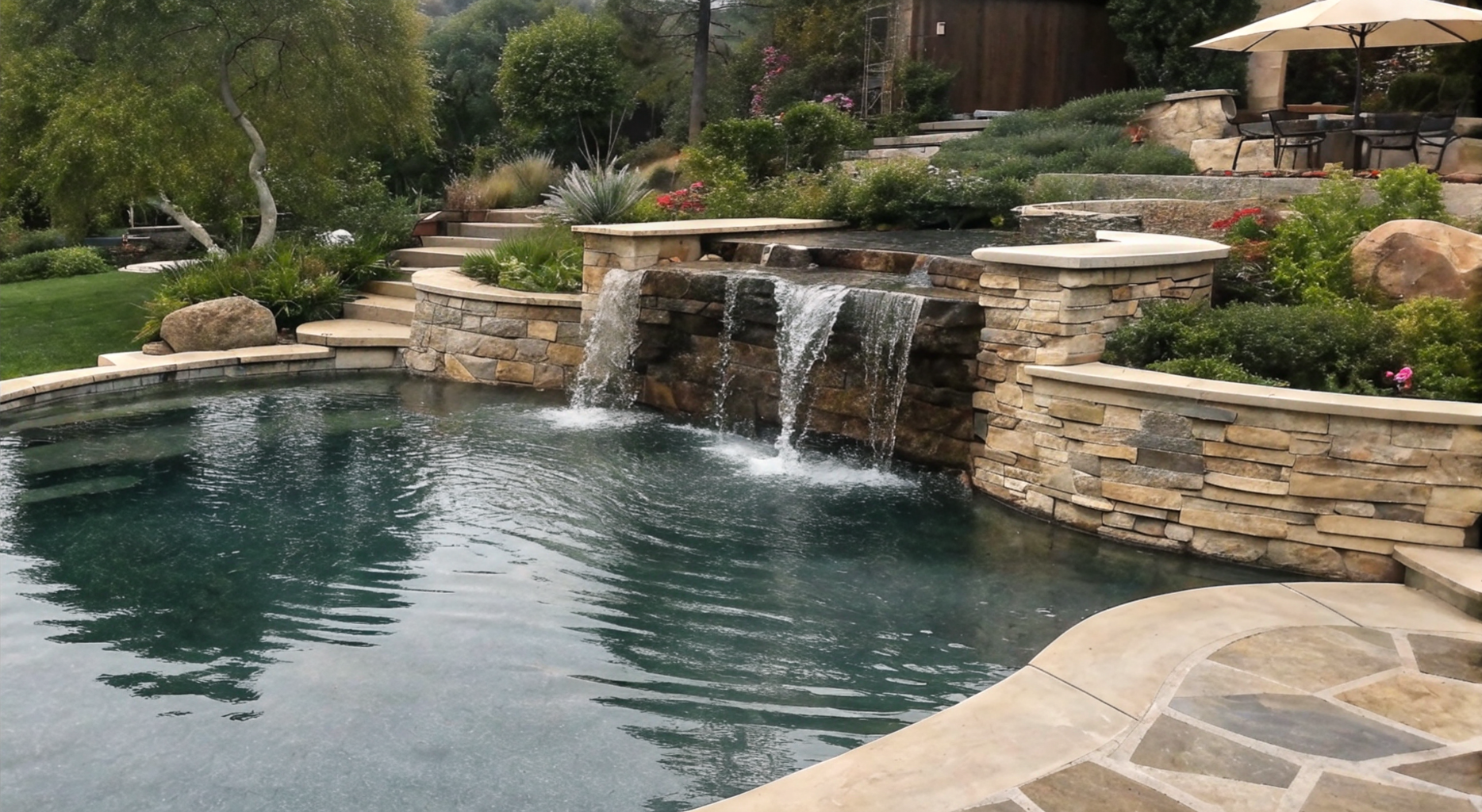 Pool with stone waterfall feature in a landscaped backyard setting.