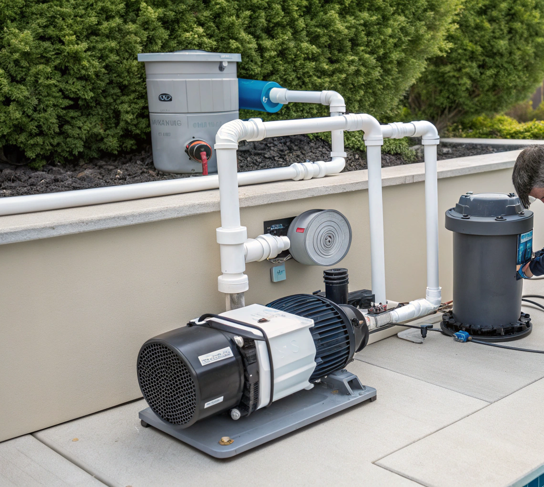 Pool pump system with pipes and a pressure gauge next to a concrete wall and bushes.