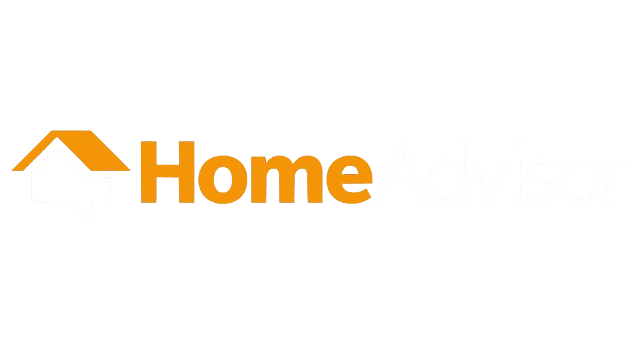 HomeAdvisor logo: orange house icon with gray speech bubble, orange and gray text.