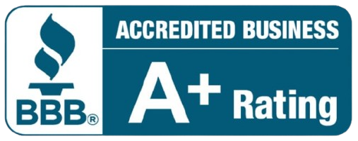 BBB Accredited Business logo with an A+ rating. Teal and white colors.