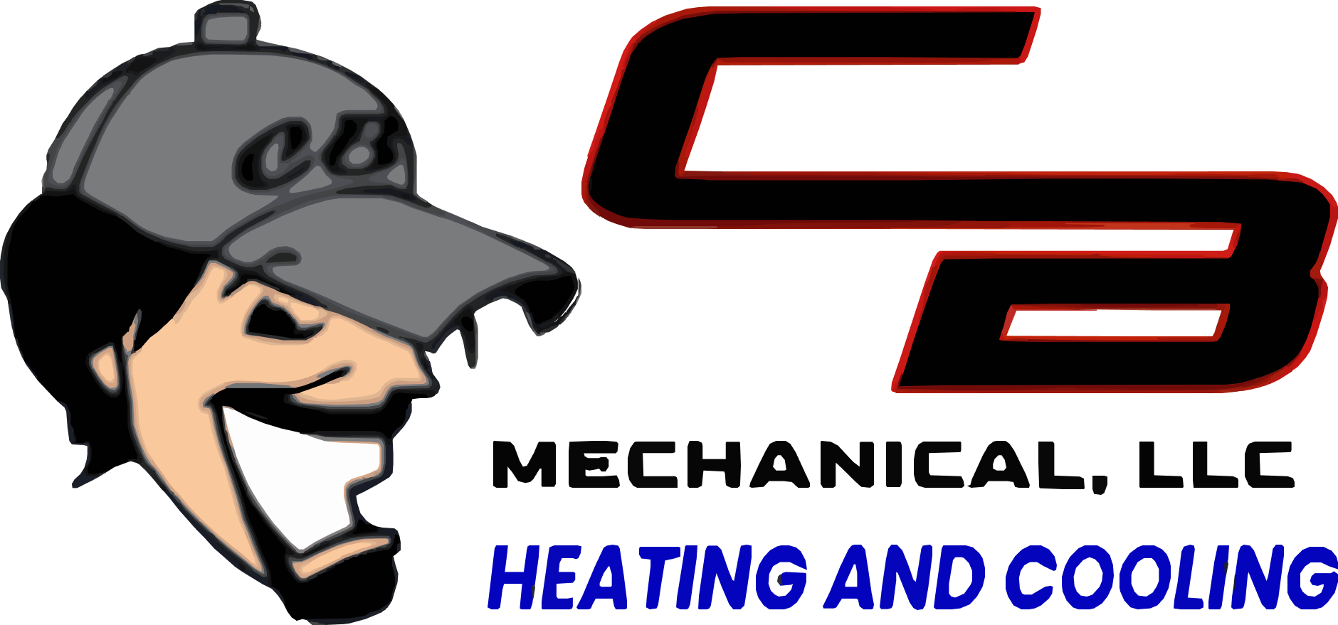 Logo of CB Mechanical, featuring a smiling cartoon man in a cap next to the company initials and text "Heating and Cooling".