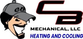 Logo of CB Mechanical, featuring a smiling cartoon man in a cap next to the company initials and text "Heating and Cooling".