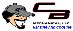 Logo of CB Mechanical, featuring a smiling cartoon man in a cap next to the company initials and text "Heating and Cooling".