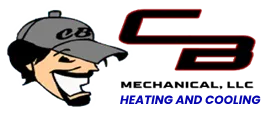 Logo of CB Mechanical, featuring a smiling cartoon man in a cap next to the company initials and text "Heating and Cooling".