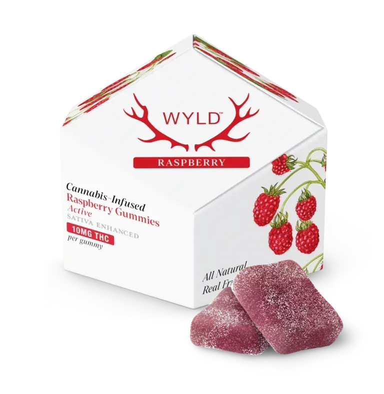 Wyld raspberry cannabis gummies in a white box, with two gummies visible.