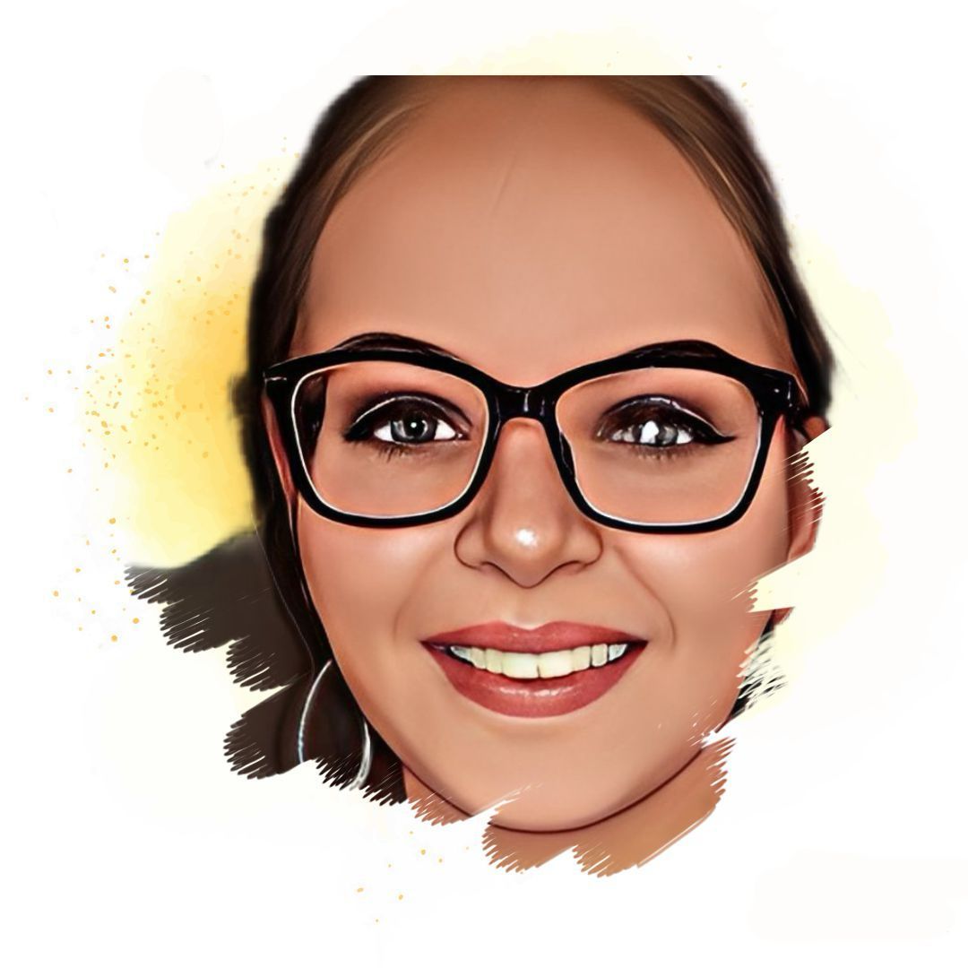 A cartoon portrait of a woman wearing glasses and smiling.