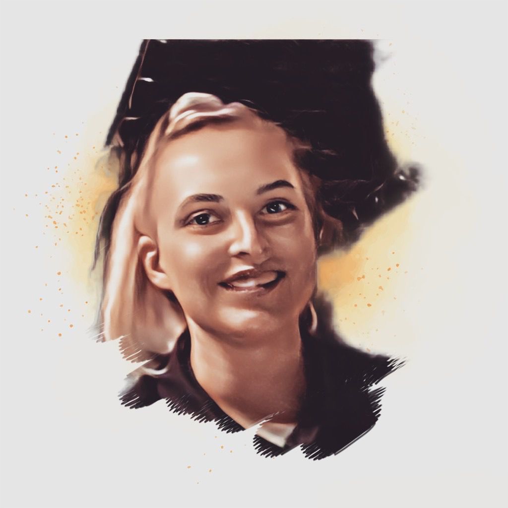 A painting of a woman wearing a graduation cap