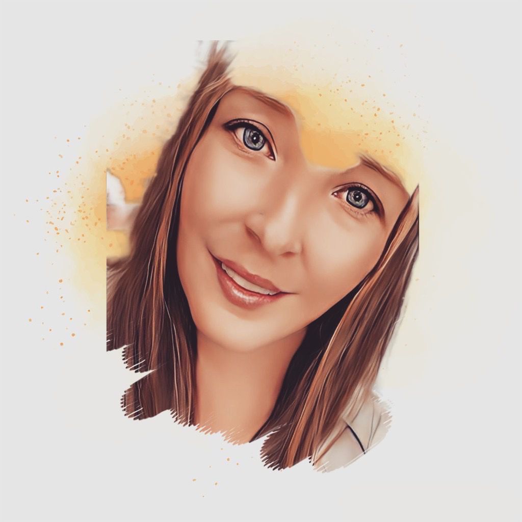 A close up of a woman 's face with blue eyes