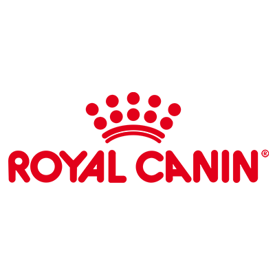Logo Royal Canin, testo rosso e corona su sfondo bianco.