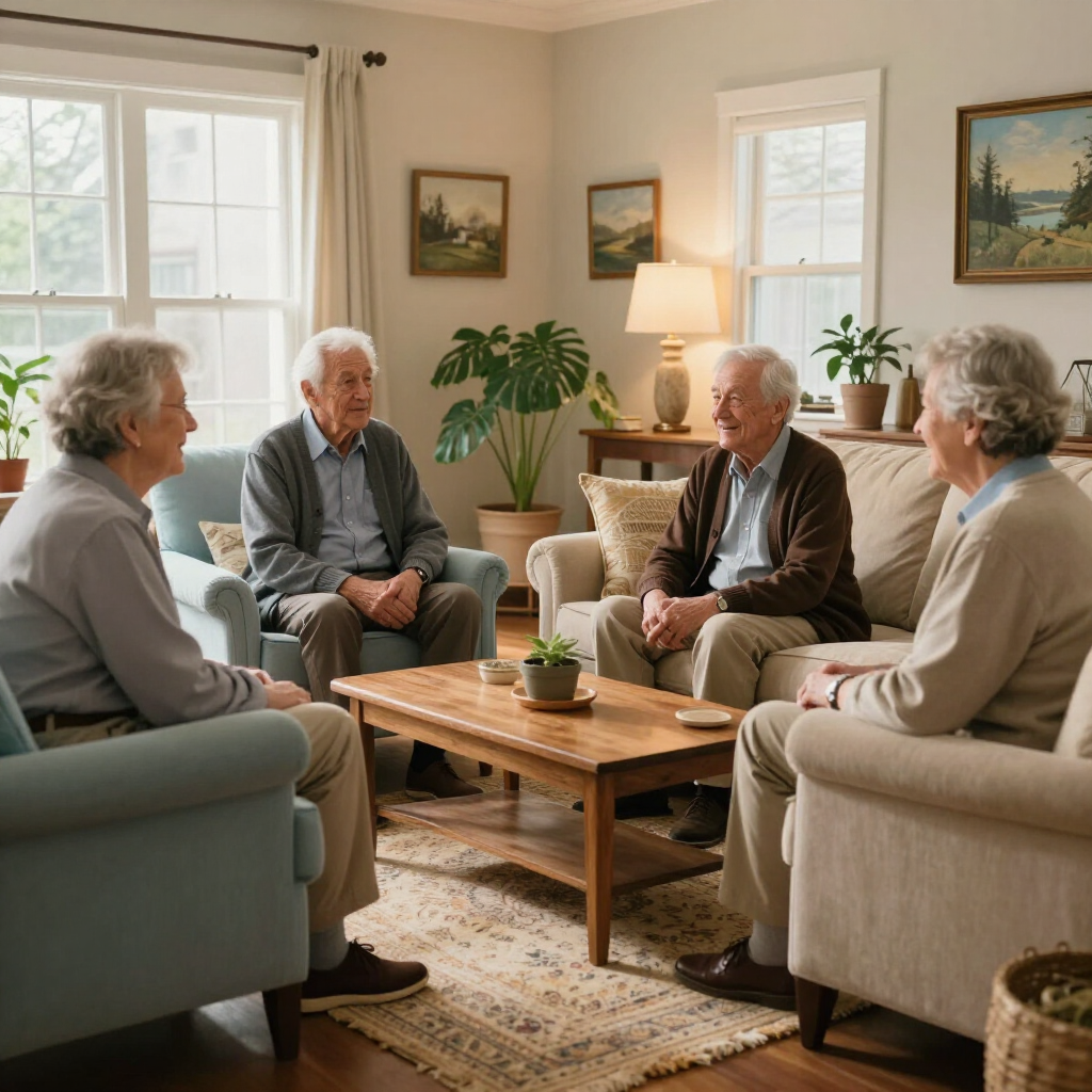 Cuatro personas están sentadas en una acogedora sala de estar, charlando alrededor de una mesa