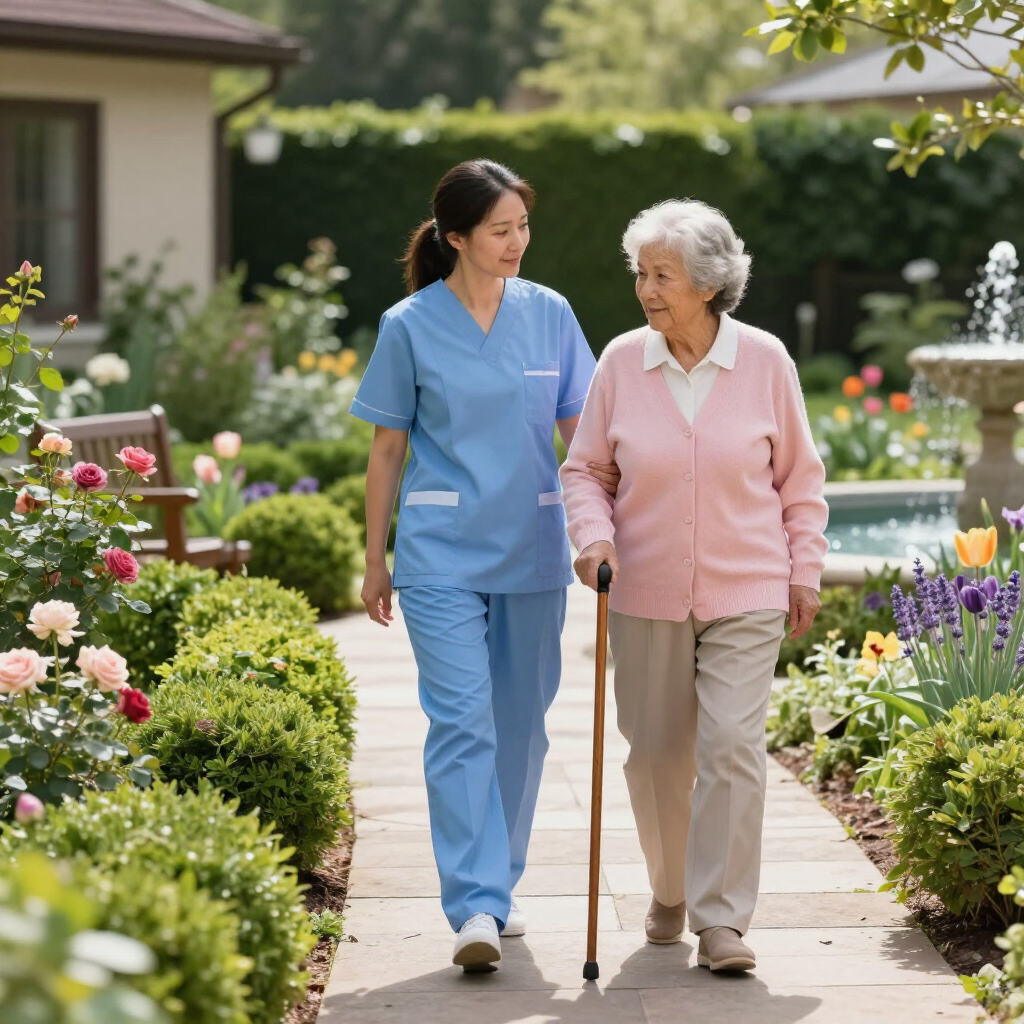 Enfermera con uniforme azul caminando con una anciana que usa bastón en un jardín de flores.