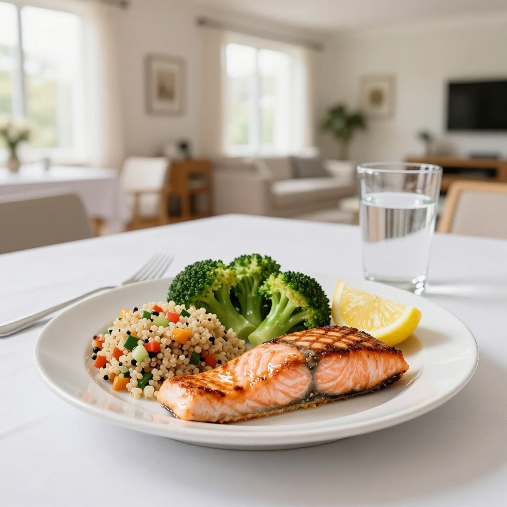 Filete de salmón con brócoli, cuscús y limón en un plato en un luminoso comedor.