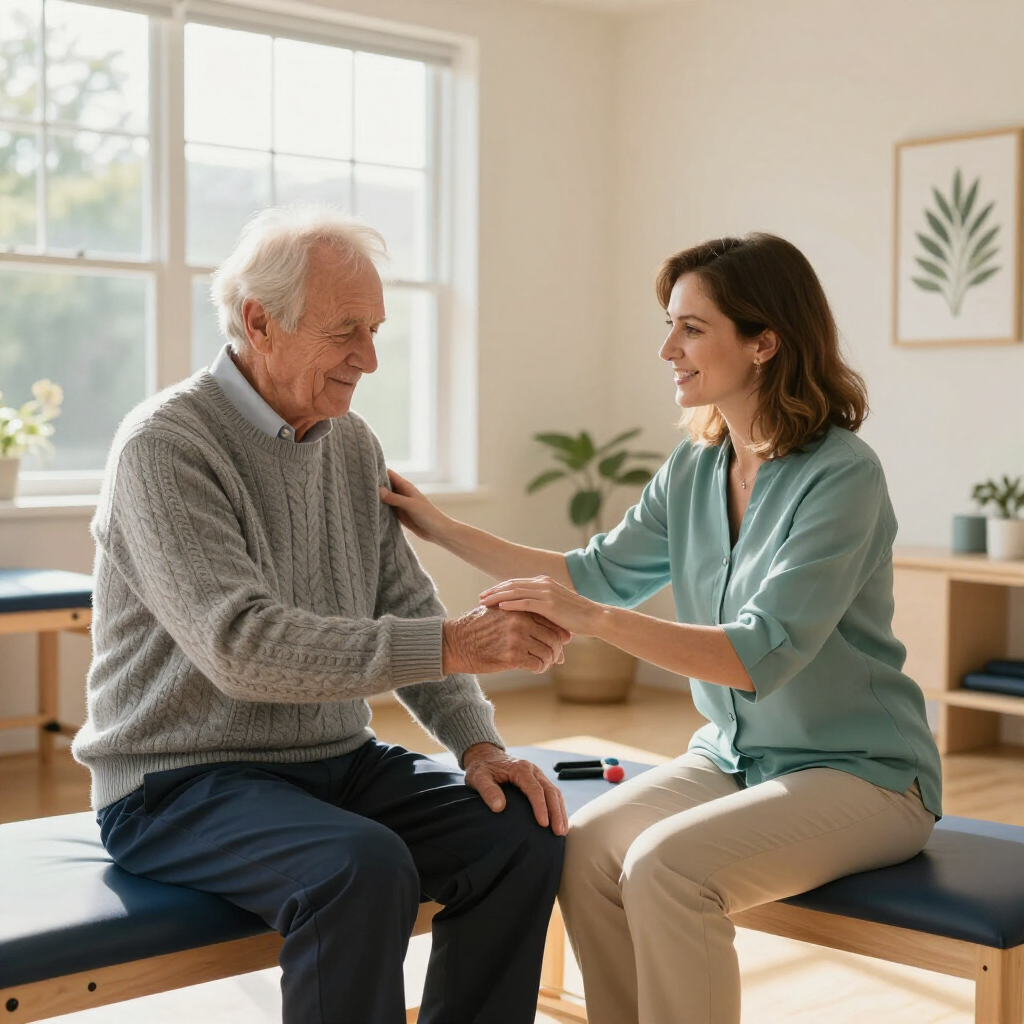 Dos personas están sentadas en un banco en una habitación luminosa, sonriendo y tomadas de la mano 