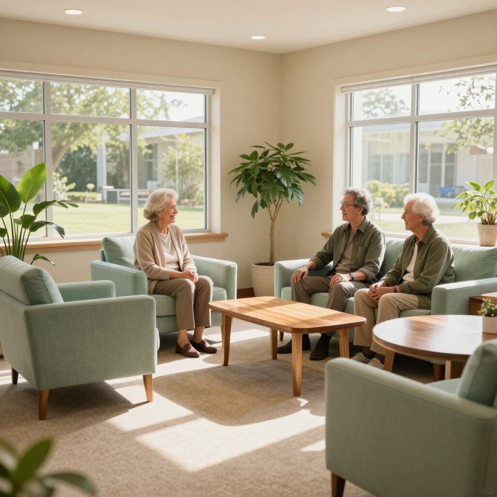 Los residentes charlan en un luminoso salón con sillas verdes, mesas de madera y grandes ventanales.