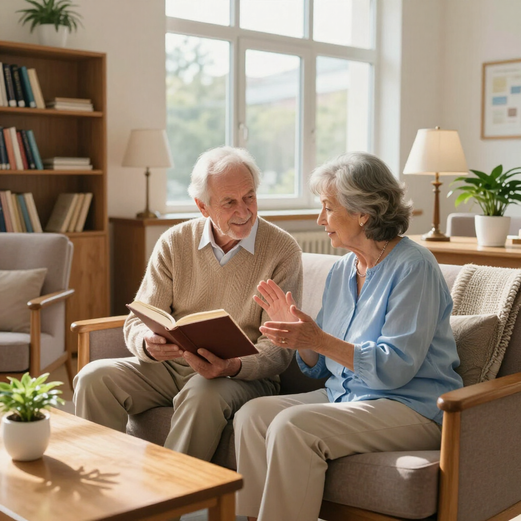 Dos personas charlando en un sofá en una sala de estar soleada, con libros, lámparas y una mesa de centro cerca.
