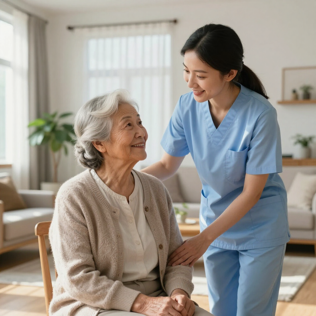 Cuidadora con uniforme azul sonriendo junto a una anciana en una luminosa sala de estar.