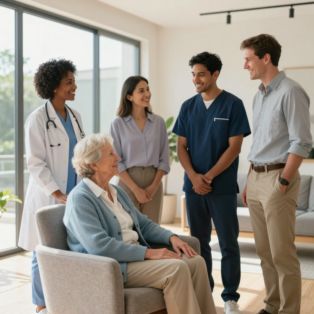Equipo sanitario hablando con un paciente sentado en una luminosa sala de consulta.