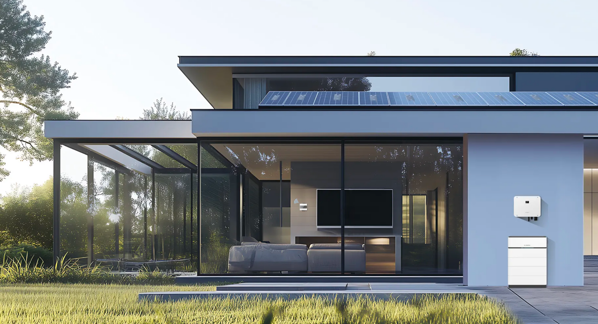 A person installing a solar panel on a gray corrugated metal roof.