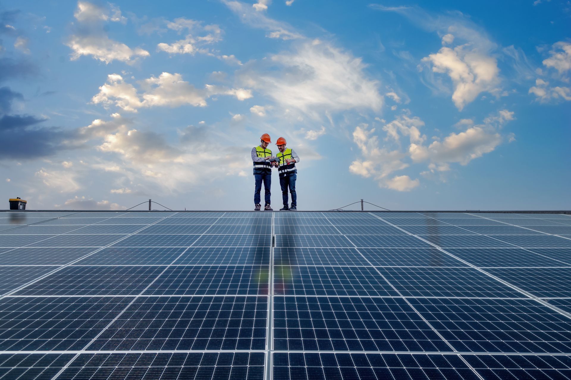 Two workers in safety vests and helmets stand on solar panels under a blue sky.