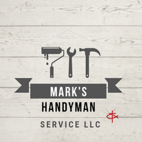 the logo for mark 's handyman service llc is on a white wooden background .