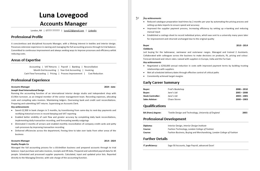 Example of a good CV for a UK professional.
