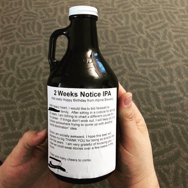 A resignation letter on a bottle of ale