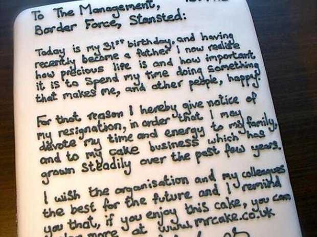 A resignation letter iced onto a cake